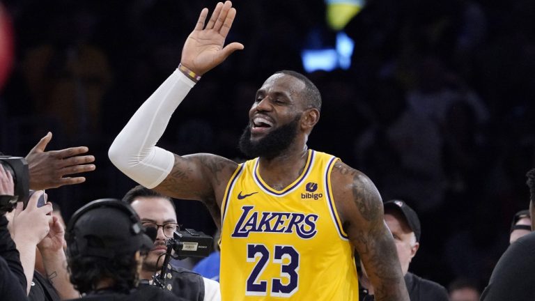 Los Angeles Lakers forward LeBron James celebrates after the Lakers defeated the Los Angeles Clippers 130-125 in an NBA basketball game Wednesday, Nov. 1, 2023, in Los Angeles. (Mark J. Terrill/AP)