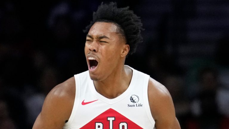 Toronto Raptors' Scottie Barnes reacts after a basket during the first half of an NBA basketball game against the Philadelphia 76ers, Thursday, Nov. 2, 2023, in Philadelphia. (AP Photo/Matt Slocum) 