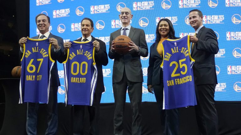 NBA Commissioner Adam Silver, middle, poses for photos with Golden State Warriors Co-Executive Chairman &amp; Chief Executive Officer Joe Lacob, from left, Warriors Chairman Peter Guber, San Francisco Mayor London Breed and Warriors President &amp; Chief Operating Officer Brandon Schneider during a news conference announcing that the 2025 NBA All-Star Game will be played in San Francisco at the Chase Center in San Francisco, Monday, Nov. 6, 2023. (Jeff Chiu/AP)