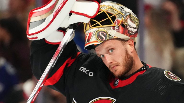 Ottawa Senators goaltender Anton Forsberg (31) takes a breather during a break in play while taking on the Vancouver Canucks in second period NHL hockey action in Ottawa on Thursday, Nov. 9, 2023. (Sean Kilpatrick/CP)