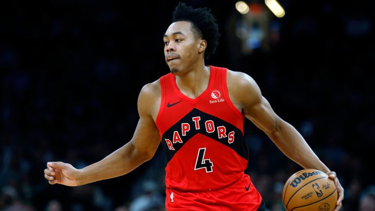 Toronto Raptors' Scottie Barnes plays against the Boston Celtics during the first half of an NBA basketball game, Saturday, Nov. 11, 2023, in Boston. (Michael Dwyer/AP) 