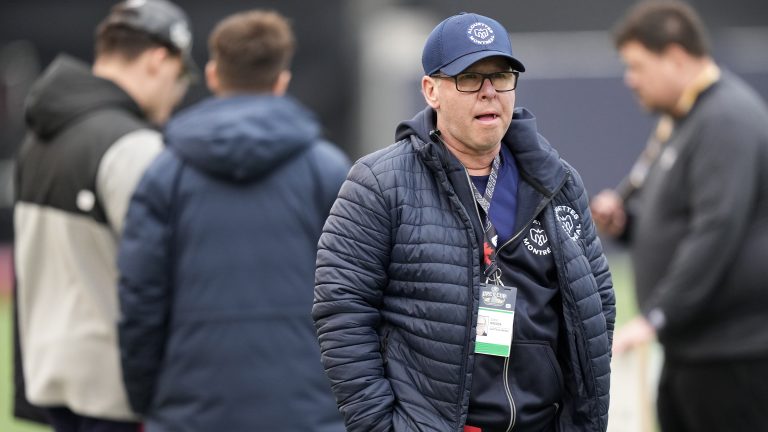 Montreal Alouettes general manager Danny Maciocia watches his team during practice ahead of the 110th CFL Grey Cup against the Winnipeg Blue Bombers in Hamilton, Ont., Friday, Nov. 17, 2023. (Nathan Denette/CP)