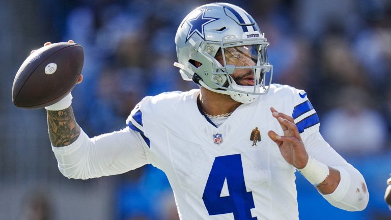 Dallas Cowboys quarterback Dak Prescott passes against the Carolina Panthersnduring the first half of an NFL football game Sunday, Nov. 19, 2023, in Charlotte, N.C. (Rusty Jones/AP)