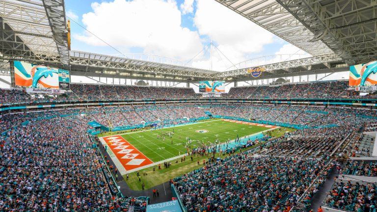 FILE - A general overall interior view of the Hard Rock Stadium as the New England Patriots take on the Miami Dolphins during an NFL football game, Sunday, Oct. 29, 2023, in Miami Gardens, Fla. (Doug Murray/AP) 