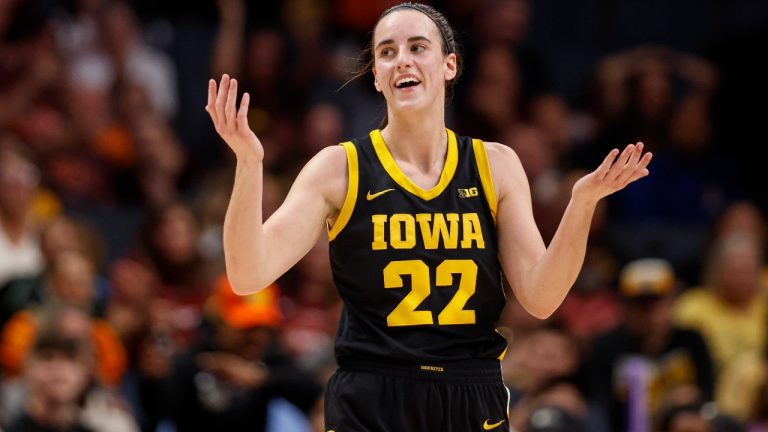 Iowa guard Caitlin Clark reacts after being charged with a foul in the first half against the Virginia Tech during an NCAA basketball game on Thursday, Nov. 9, 2023, in Charlotte, N.C. (Nell Redmond/AP)