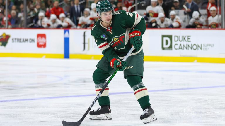 Defenceman Calen Addison (2) during the second period of an NHL hockey game against the Florida Panthers, Thursday, Oct. 12, 2023, in St. Paul, Minn. (Matt Krohn/AP)