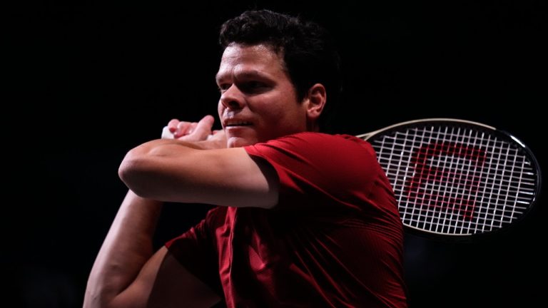 Canada's Milos Raonic plays a shot against Finland's Patrick Kaukovalta during a Davis Cup quarter-final tennis match between Canada and Finland in Malaga, Tuesday, Nov. 21, 2023. (Manu Fernandez/AP)