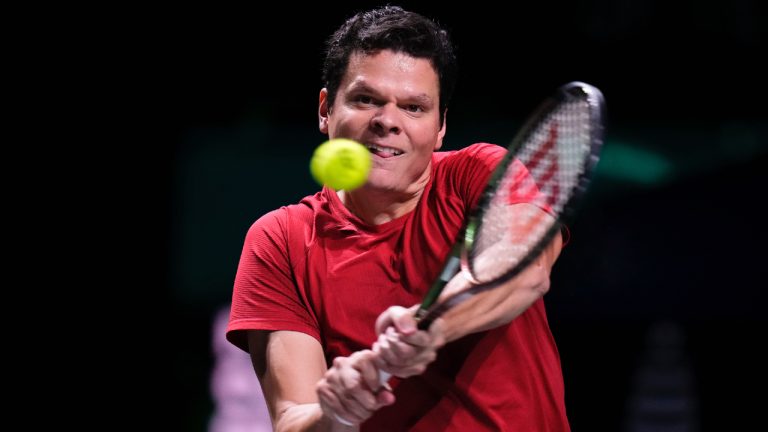 Canada's Milos Raonic plays a shot against Finland's Patrick Kaukovalta during a Davis Cup quarter-final tennis match between Canada and Finland in Malaga, Tuesday, Nov. 21, 2023. (Manu Fernandez/AP)