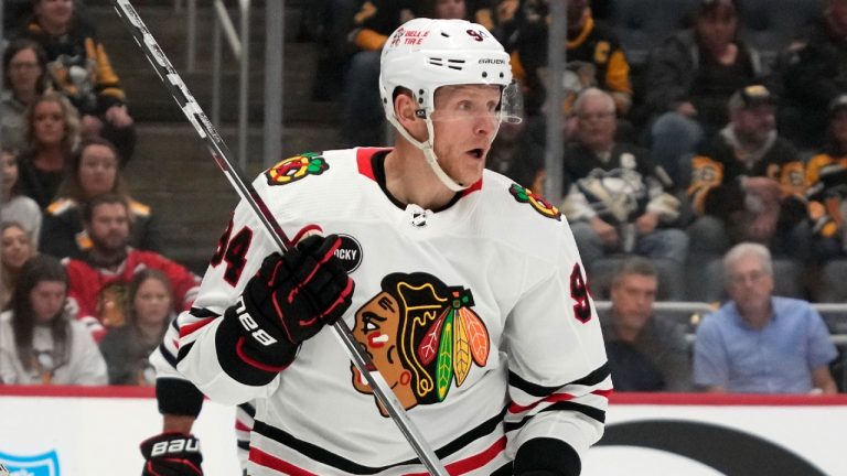 Chicago Blackhawks' Corey Perry skates during an NHL hockey game against the Pittsburgh Penguins in Pittsburgh, Tuesday, Oct. 10, 2023. (Gene J. Puskar/AP)