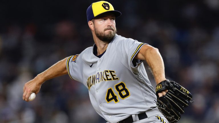 Milwaukee Brewers' Colin Rea throws against the New York Yankees during the third inning of a baseball game Friday, Sept. 8, 2023, in New York. (Adam Hunger/AP)