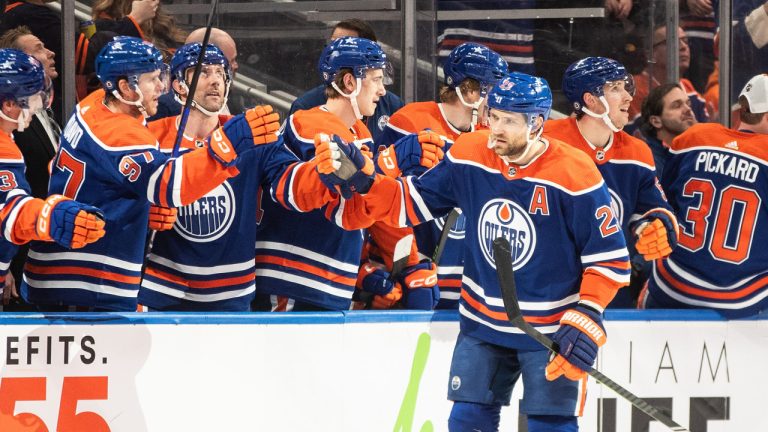 Edmonton Oilers' Leon Draisaitl (29) celebrates a goal against the New York Islanders during first period NHL action in Edmonton on Monday November 13, 2023. (Jason Franson/CP)