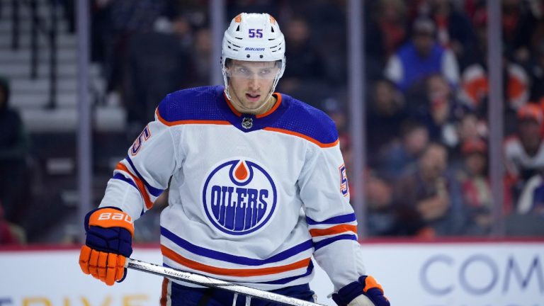 Edmonton Oilers' Dylan Holloway plays during an NHL hockey game, Thursday, Oct. 19, 2023, in Philadelphia. (Matt Slocum/AP)