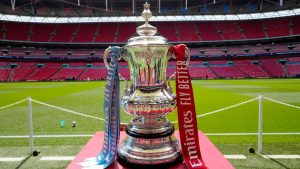 The FA Cup trophy is seen before the English FA Cup final soccer match between Manchester City and Manchester United at Wembley Stadium in London, Saturday, June 3, 2023. (Jon Super/AP Photo, File)