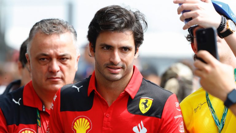 Ferrari driver Carlos Sainz, of Spain, arrives for a practice session for the Brazilian Formula One Grand Prix at the Interlagos race track in Sao Paulo, Brazil, Friday, Nov. 3, 2023. (Marcelo Chello/AP)