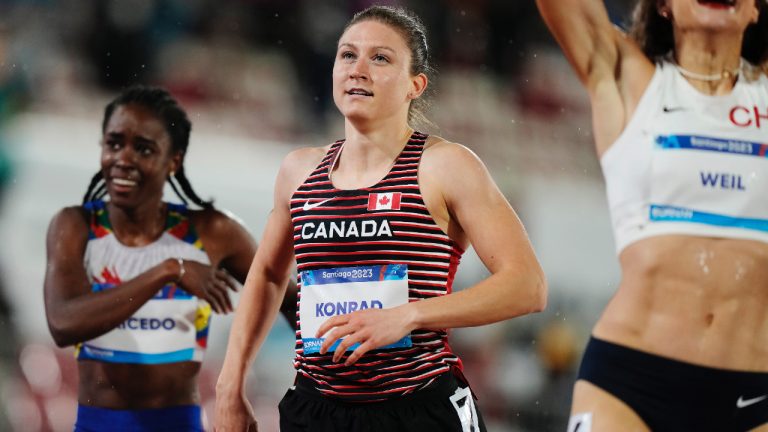 Canada's Grace Konrad reacts following the women's 400m hurdles final at the Pan American Games, in Santiago, Chile, Wednesday, Nov. 1, 2023. (Frank Gunn/CP)