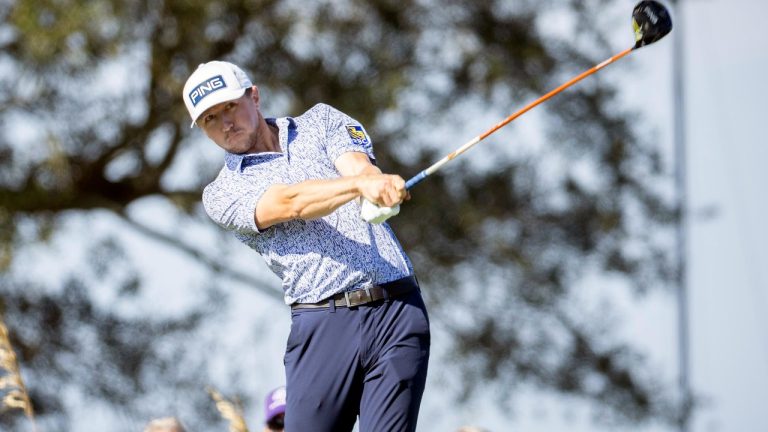 Mackenzie Hughes, of Canada, drives his ball down the seventh fairway during the final round of the RSM Classic golf tournament, Sunday, Nov. 19, 2023, in St. Simons Island, Ga. (Stephen B. Morton/AP)