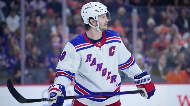 New York Rangers' Jacob Trouba plays during an NHL hockey game, Friday, Nov. 24, 2023, in Philadelphia. (Matt Slocum/AP Photo)