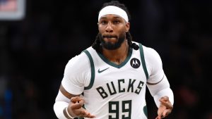 Milwaukee Bucks' Jae Crowder celebrates after making a 3-point shot against the Brooklyn Nets, Monday, Nov. 6, 2023, in New York. (Noah K. Murray/AP)