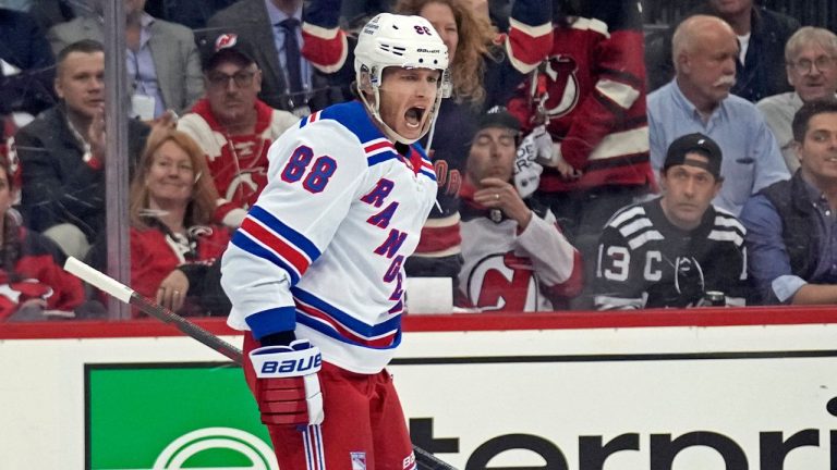 New York Rangers' Patrick Kane reacts after scoring during the third period of Game 2 of an NHL hockey Stanley Cup first-round playoff series against the New Jersey Devils in Newark, N.J., Thursday, April 20, 2023. (Seth Wenig/AP Photo)