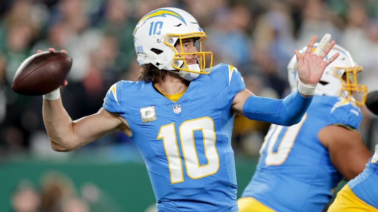 Los Angeles Chargers quarterback Justin Herbert (10) passes against the New York Jets during the first quarter of an NFL football game, Monday, Nov. 6, 2023, in East Rutherford, N.J. (Adam Hunger/AP)