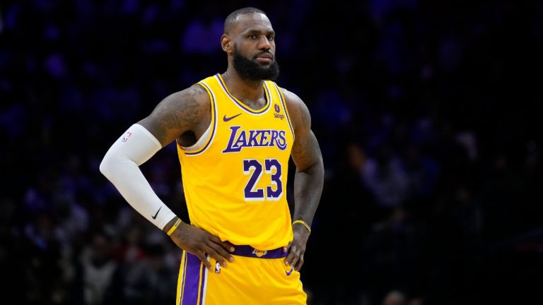 Los Angeles Lakers' LeBron James plays during an NBA basketball game, Monday, Nov. 27, 2023, in Philadelphia. (Matt Slocum/AP)