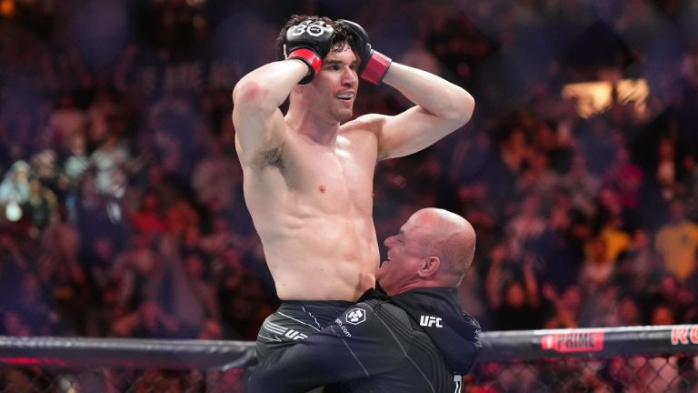 Mike Malott reacts after defeating Adam Fugitt by submission during a UFC 289 welterweight bout, in Vancouver, on Saturday, June 10, 2023. (Darryl Dyck/CP Photo)