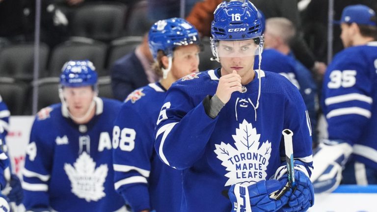 Toronto Maple Leafs' Mitchell Marner reacts at the end of his team's loss to the Los Angeles Kings in NHL hockey action in Toronto, on Tuesday, October 31, 2023. (Chris Young/AP)