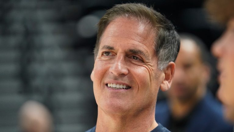 Mark Cuban, owner of the Dallas Mavericks, watches warm ups before Game 6 of an NBA basketball first-round playoff series against the Utah Jazz, Thursday, April 28, 2022, in Salt Lake City. (Rick Bowmer/AP)