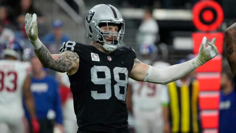 Las Vegas Raiders defensive end Maxx Crosby during the first half of an NFL football game against the New York Giants, Sunday, Nov. 6, 2023, in Las Vegas. (Rick Scuteri/AP Photo)