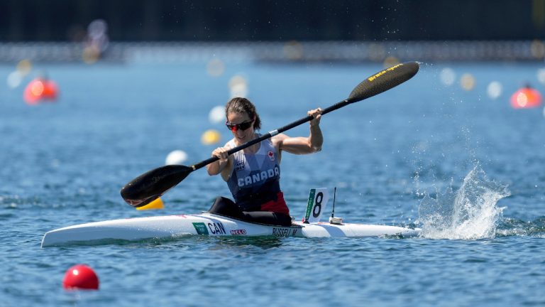 Michelle Russell of Canada competes in the women's Kayak single 500m semifinal at the 2020 Summer Olympics, Thursday, Aug. 5, 2021, in Tokyo, Japan. (Lee Jin-man/AP)