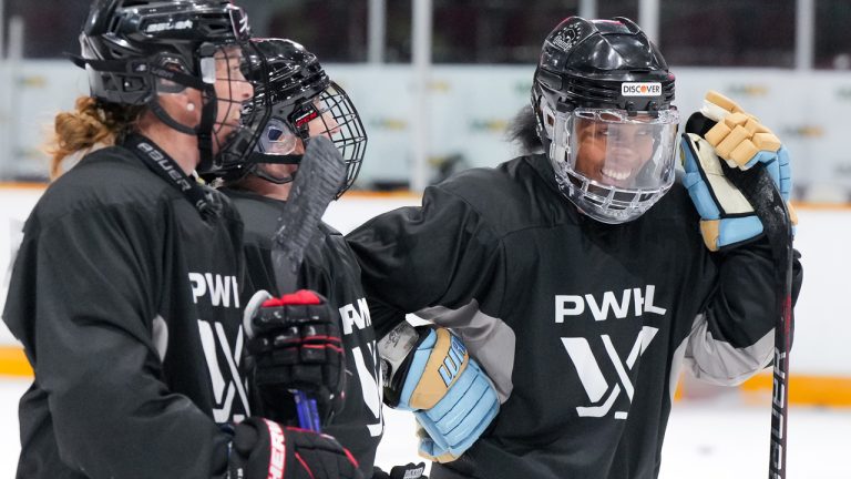 Mikyla Grant-Mentis, right, jokes with fellow invitees at PWHL Ottawa's inaugural training camp. (Photo courtesy the PWHL)