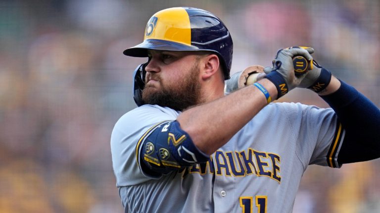 Milwaukee Brewers' Rowdy Tellez waits on deck during the first inning of a baseball game against the Pittsburgh Pirates in Pittsburgh, Friday, June 30, 2023. (Gene J. Puskar/AP)