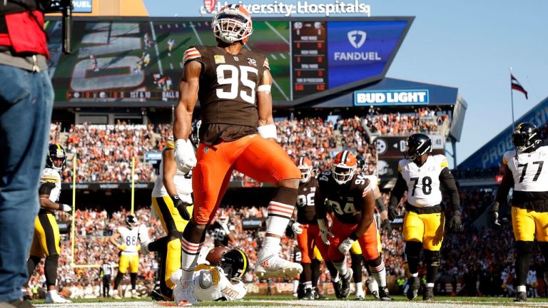 Cleveland Browns defensive end Myles Garrett reacts after sacking Pittsburgh Steelers quarterback Kenny Pickett during an NFL football game, Sunday, Nov. 19, 2023, in Cleveland. (Kirk Irwin/AP Photo)