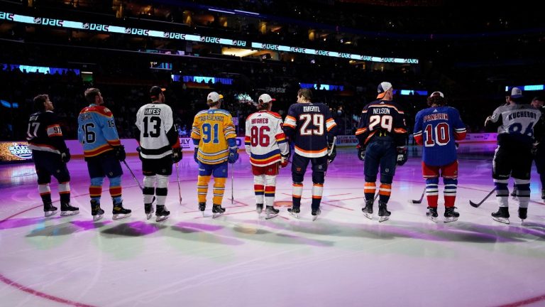 NHL hockey players stand before they are introduced before the NHL All Star Skills Showcase, Friday, Feb. 3, 2023, in Sunrise, Fla. (Lynne Sladky/AP)