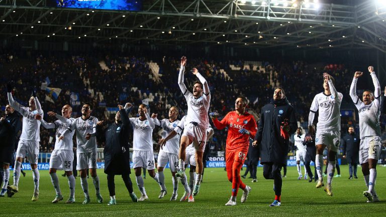 Napoli players celebrate after winning the Serie A soccer match between Atalanta and Napoli, in Bergamo's Gewiss Stadium, Italy, Saturday, Nov. 25, 2023. (Spada/LaPresse via AP)