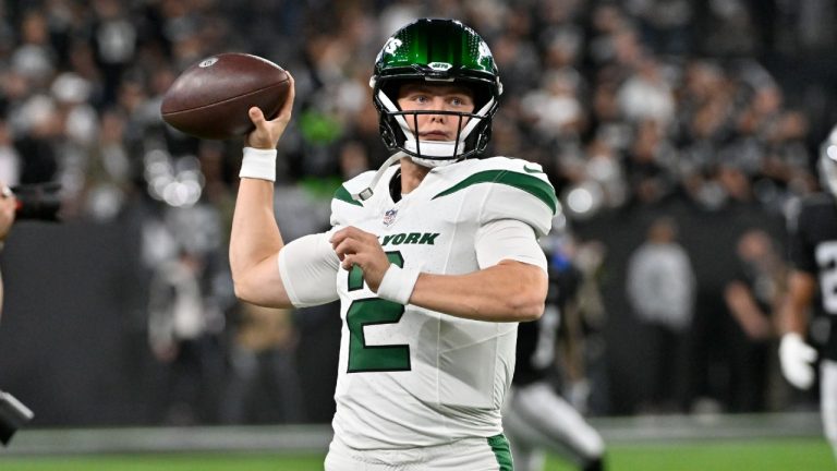 New York Jets quarterback Zach Wilson warms up before the start of an NFL football game between the Las Vegas Raiders and the New York Jets Sunday, Nov. 12, 2023, in Las Vegas. (David Becker/AP)