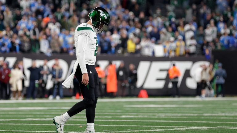 New York Jets quarterback Zach Wilson (2) walks on the field during the fourth quarter an NFL football game against the Los Angeles Chargers, Monday, Nov. 6, 2023, in East Rutherford, N.J. (Adam Hunger/AP)