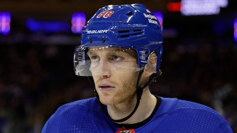 New York Rangers right wing Patrick Kane (88) skates against the New Jersey Devils in the first period of Game 3 of the team's NHL hockey Stanley Cup first-round playoff series Saturday, April 22, 2023, in New York. (Adam Hunger/AP)