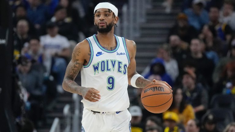 Minnesota Timberwolves guard Nickeil Alexander-Walker (9) during an NBA basketball game against the Golden State Warriors in San Francisco, Sunday, Nov. 12, 2023. (Jeff Chiu/AP)