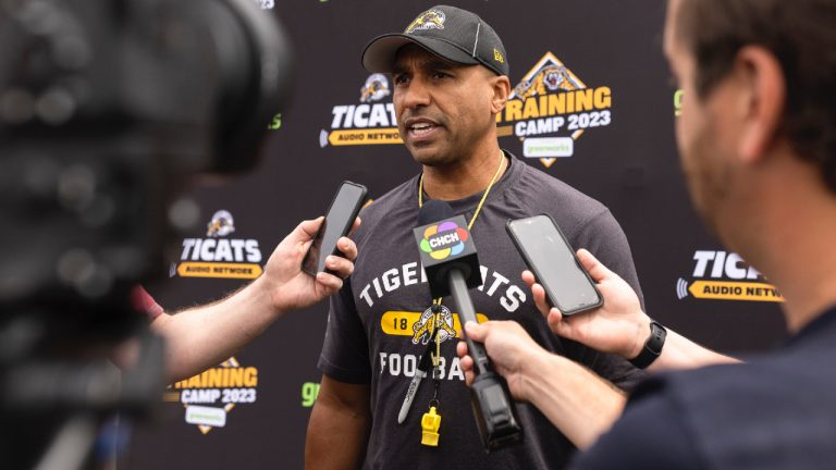 Hamilton Tiger-Cats President of Football Operations and Head Coach Orlondo Steinauer speaks to media during the opening day of CFL training camp at Ron Joyce Stadium in Hamilton, Ont., Sunday, May 14, 2023. (Nick Iwanyshyn/CP)