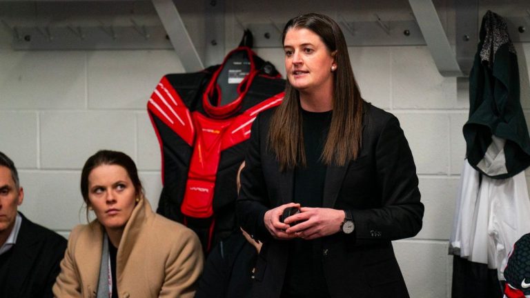 GM GinaKingsbury is shown at the USA vs. Canada Rivalry Series at Place Bell in Laval, Que. on Feb. 22, 2023. (HO-Arianne Bergeron/CP Photo, Hockey Canada Image)