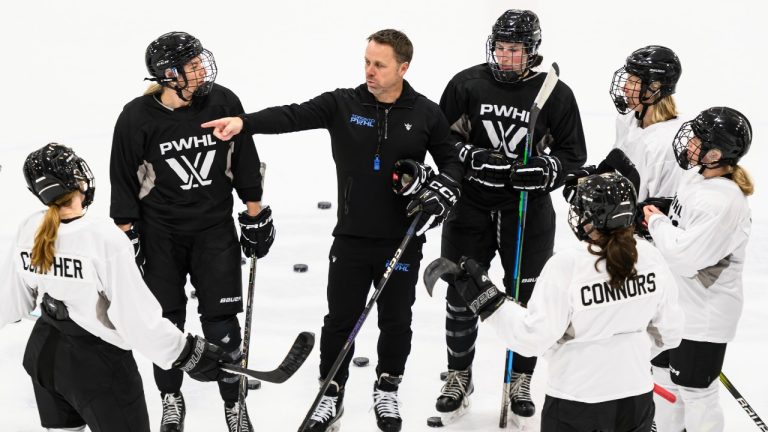 Troy Ryan, head coach of Toronto’s PWHL squad, speaks to players during the Professional Women's Hockey League’s training camp in Toronto. (Christopher Katsarov/CP)