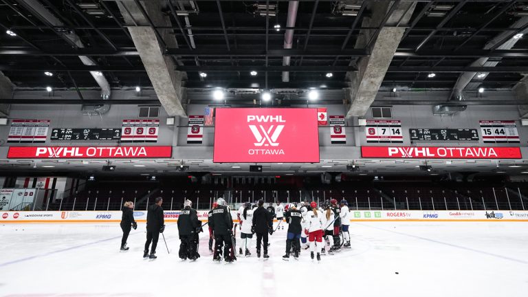 Staff and players gather together during PWHL Ottawa training camp in mid-November. (Photo courtesy the PWHL)