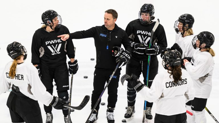 Troy Ryan, head coach of Toronto’s PWHL squad, speaks to players during the Professional Women's Hockey League’s training camp in Toronto, Friday, Nov., 17, 2023. (Christopher Katsarov/THE CANADIAN PRESS)