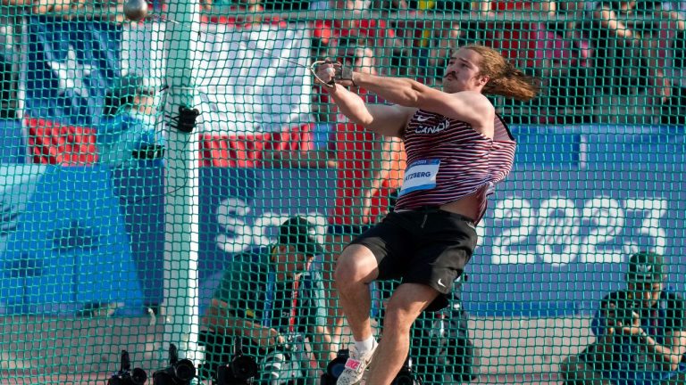 Canada's Ethan Katzberg competes in the men's hammer throw final at the Pan American Games in Santiago, Chile, Saturday, Nov. 4, 2023. (Natacha Pisarenko/AP Photo)