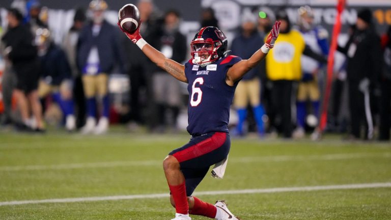 Montreal Alouettes WR Tyson Philpot celebrates after scoring a touchdown against the Winnipeg Blue Bombers during the second half of football action at the 110th CFL Grey Cup in Hamilton, Ont., on Sunday, November 19, 2023. (Chris Young/CP Photo)