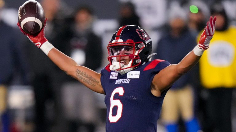 Montreal Alouettes wide receiver Tyson Philpot (6) celebrates after scoring a touchdown against the Winnipeg Blue Bombers during the second half of football action at the 110th CFL Grey Cup in Hamilton, Ont., on Sunday, November 19, 2023. (Chris Young/CP)