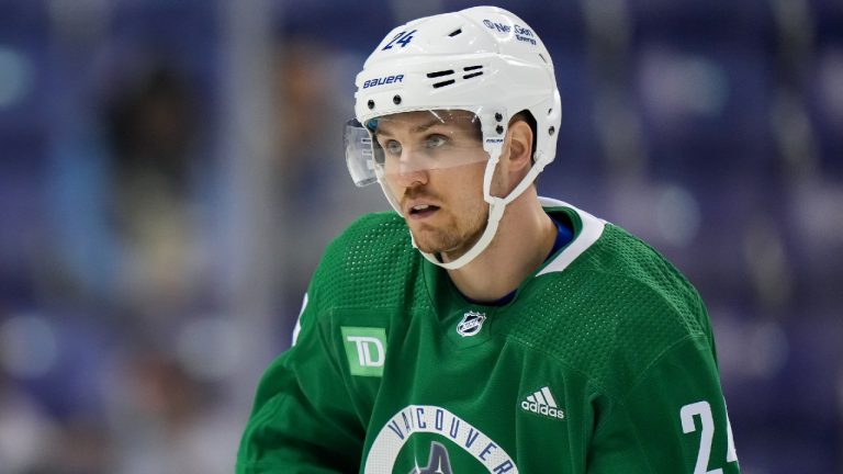 Vancouver Canucks' Pius Suter skates during the opening day of the NHL hockey team's training camp, in Victoria, Thursday, Sept. 21, 2023. (Darryl Dyck/CP)