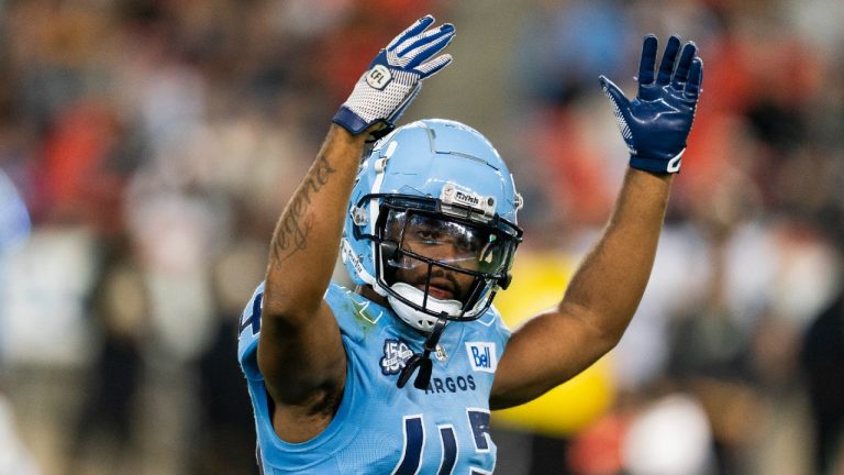 Toronto Argonauts defensive back Qwan'tez Stiggers (42) engages with fans during second half CFL football action against the Hamilton Tiger-Cats in Toronto, on Saturday, Sept. 23, 2023. (Spencer Colby/CP)