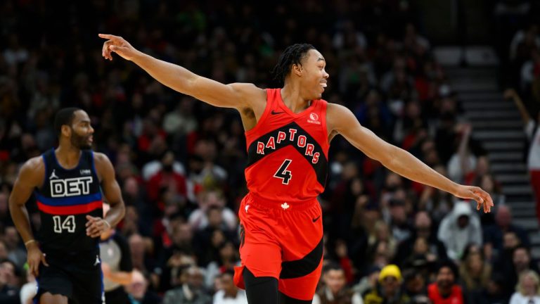 Toronto Raptors forward Scottie Barnes reacts during first half NBA basketball action against the Detroit Pistons in Toronto on Sunday, November 19, 2023.(Christopher Katsarov/CP Photo)